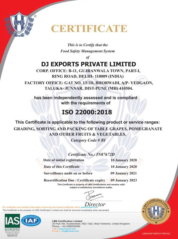 DJ Exports Private Limited ISO 22000 : 2018